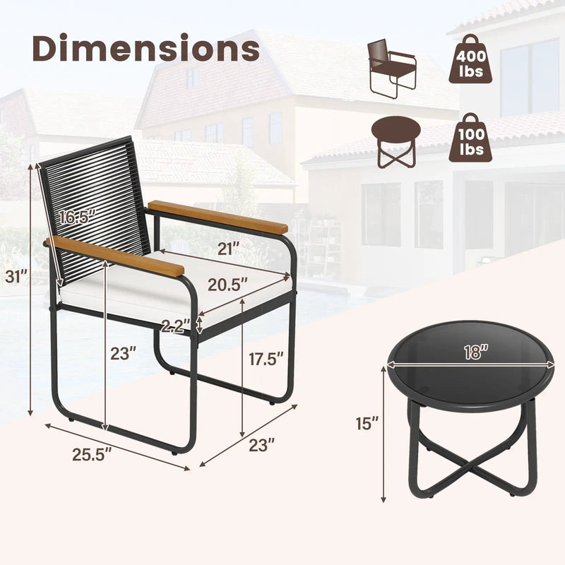 3 Pieces Patio Furniture Set PE Rattan Porch Chairs with Round Tempered Glass Top Table-White by DirectDeals
