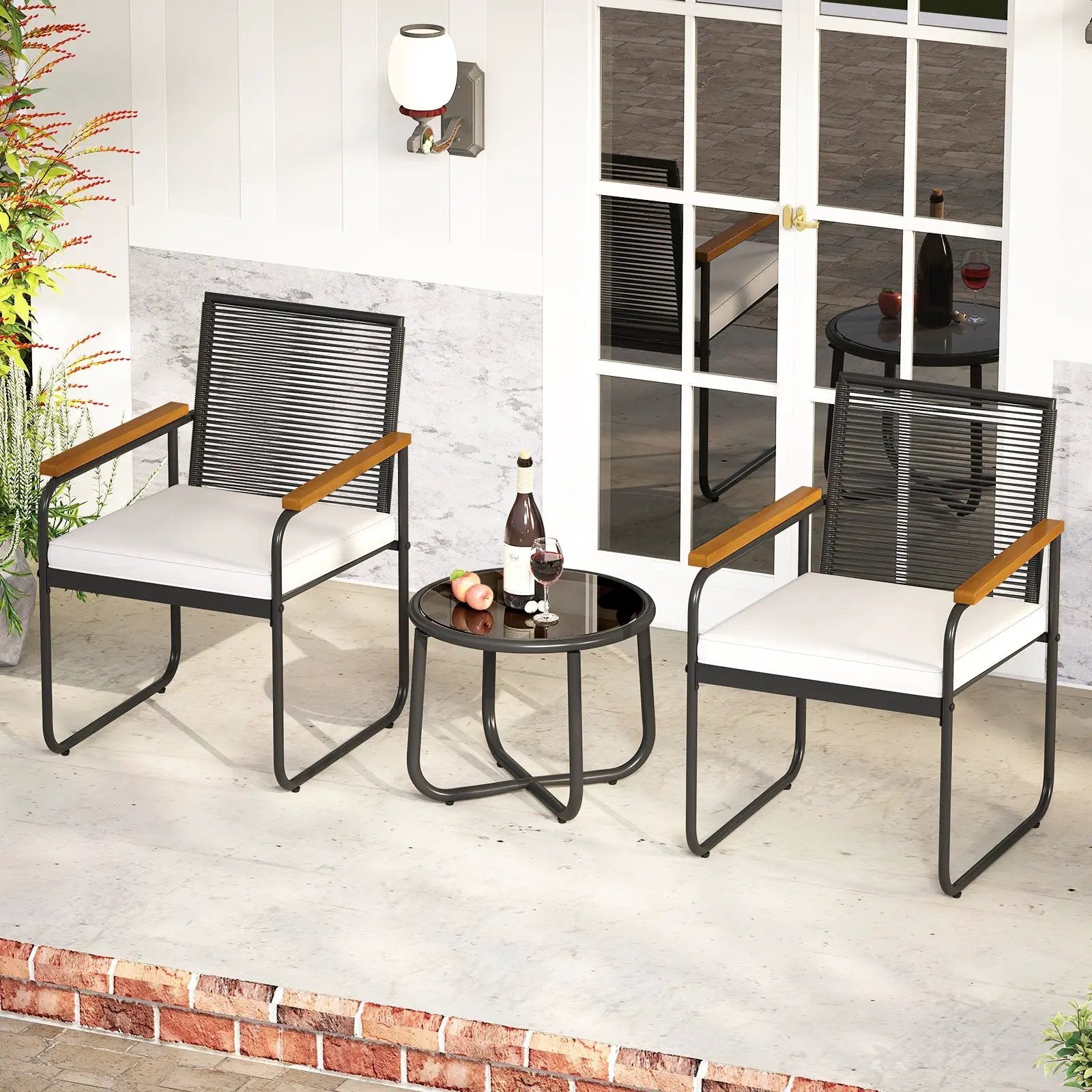 3 Pieces Patio Furniture Set PE Rattan Porch Chairs with Round Tempered Glass Top Table-White by DirectDeals