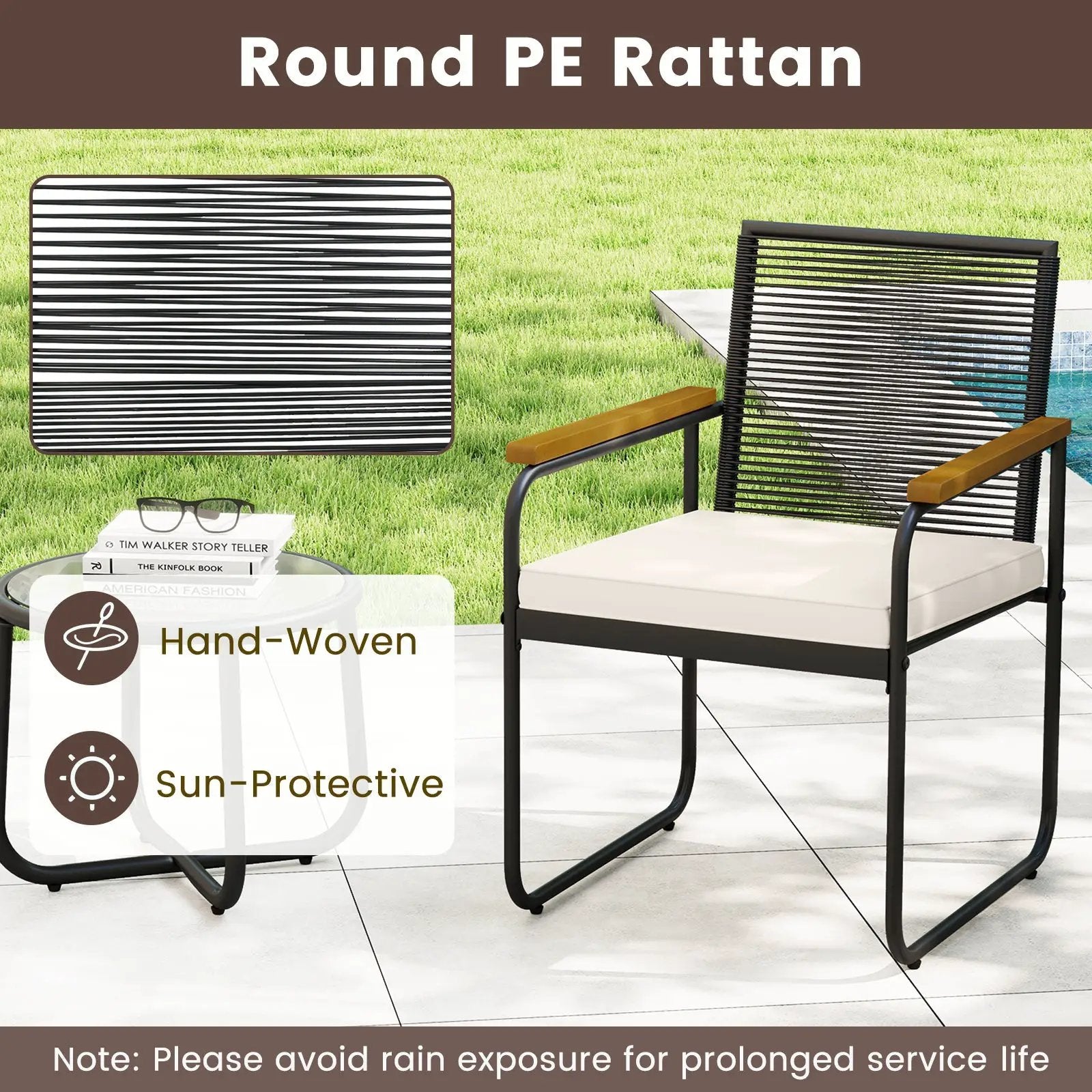 3 Pieces Patio Furniture Set PE Rattan Porch Chairs with Round Tempered Glass Top Table-White by DirectDeals
