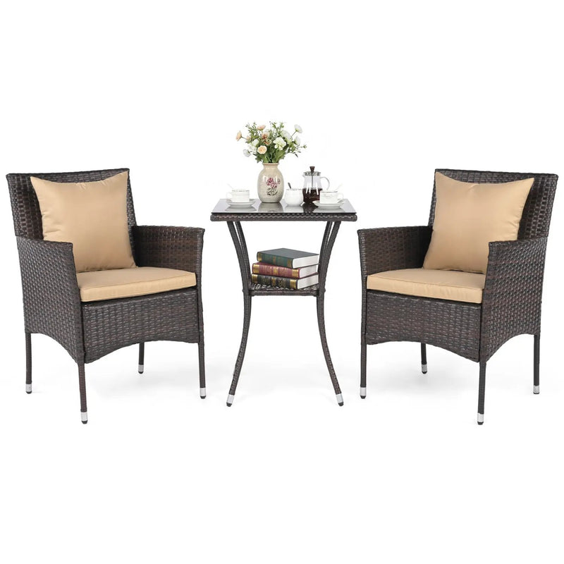 3 Pieces Patio Furniture Set with Cushioned Patio Chairs and Tempered Glass Coffee Table-Brown by DirectDeals