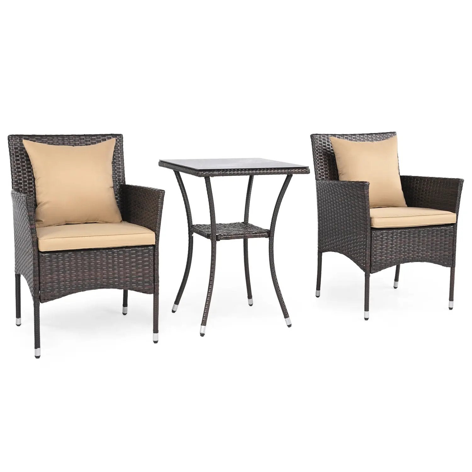3 Pieces Patio Furniture Set with Cushioned Patio Chairs and Tempered Glass Coffee Table-Brown by DirectDeals