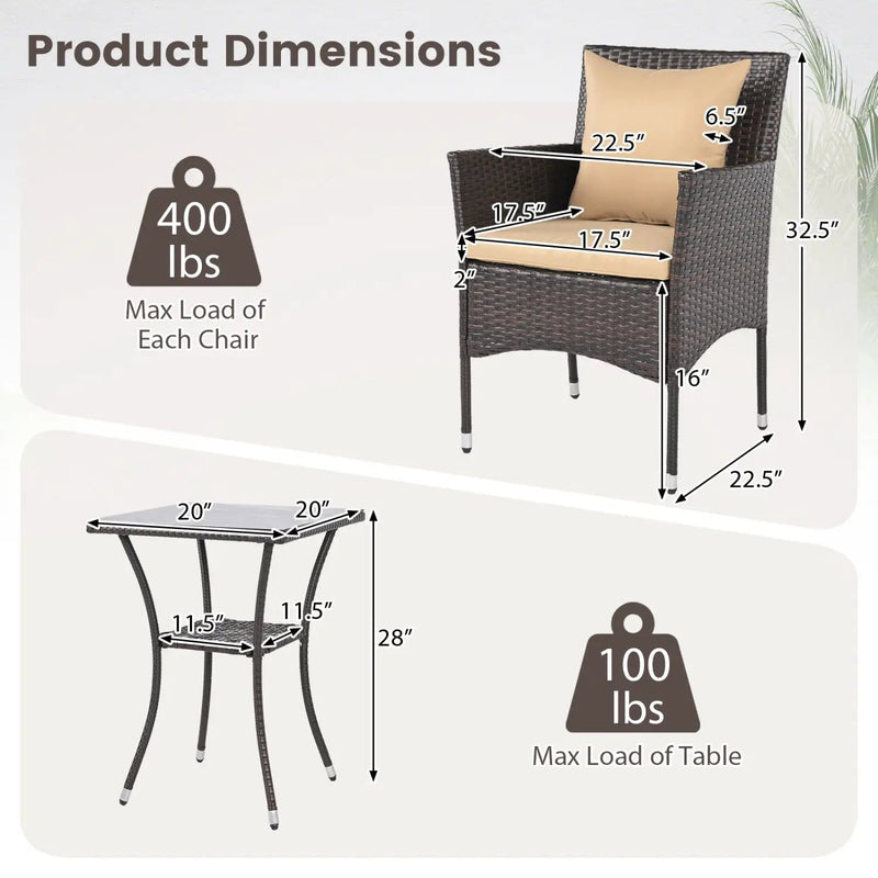 3 Pieces Patio Furniture Set with Cushioned Patio Chairs and Tempered Glass Coffee Table-Brown by DirectDeals