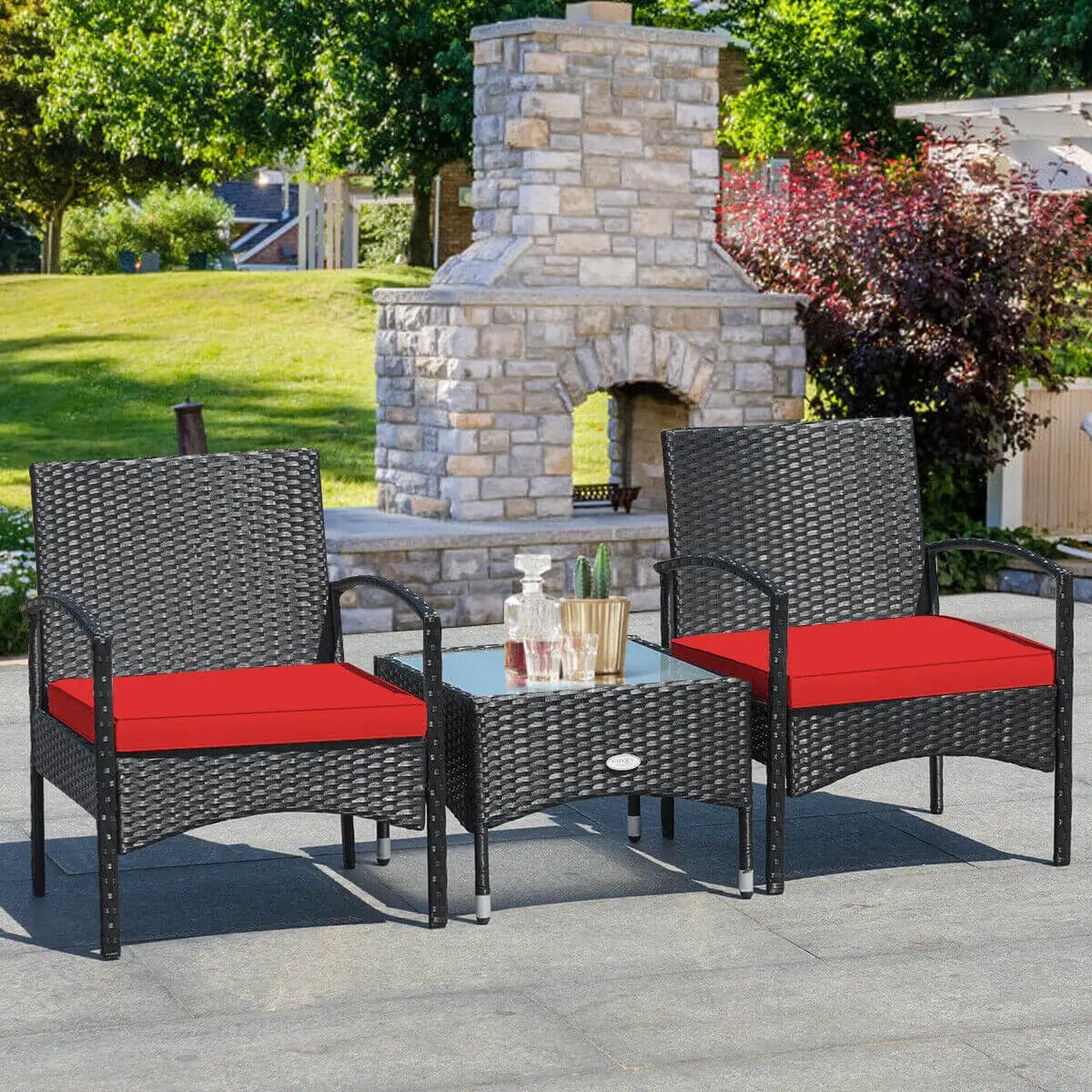 3 Pieces Patio Wicker Rattan Furniture Set with Cushion for Lawn Backyard by DirectDeals
