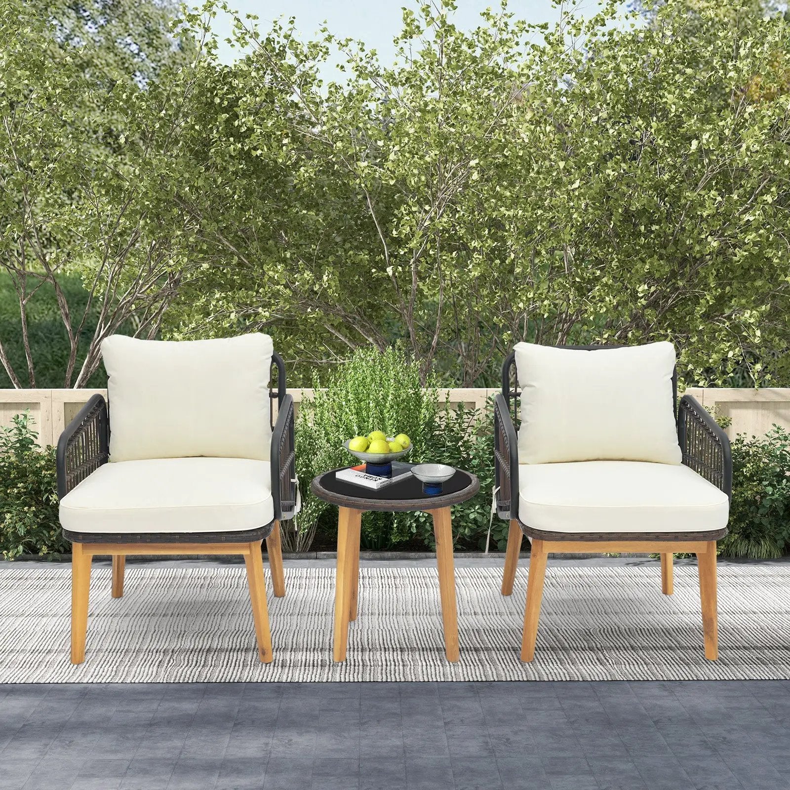 3 Pieces Patio Furniture Set with Cushioned Chairs and Tempered Glass Side Table by DirectDeals
