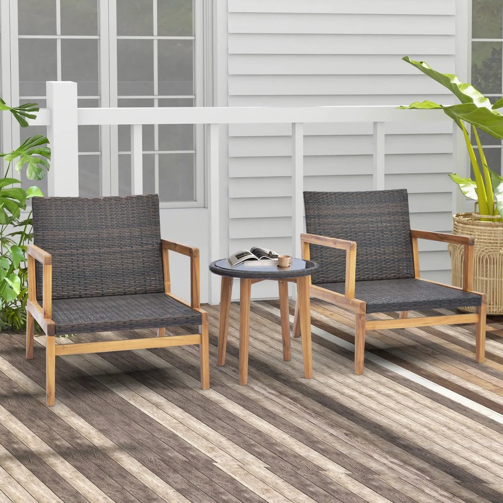 3 Pieces Patio Furniture Set with Cushioned Chairs and Tempered Glass Side Table by DirectDeals