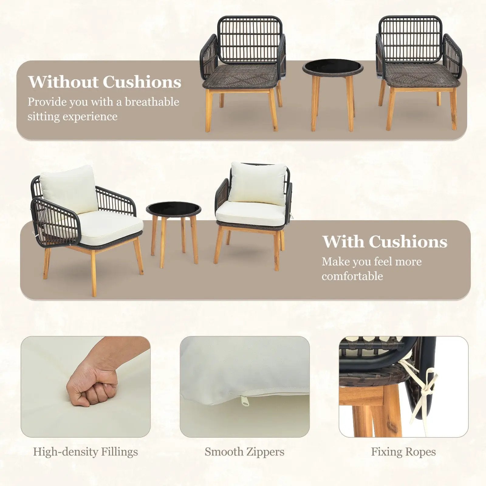 3 Pieces Patio Furniture Set with Cushioned Chairs and Tempered Glass Side Table by DirectDeals