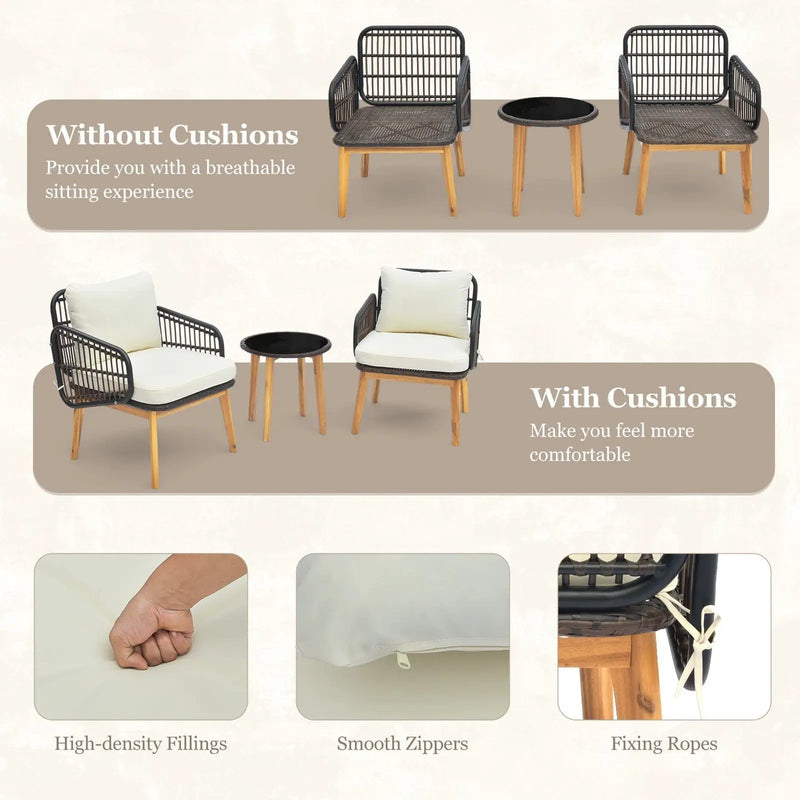3 Pieces Patio Furniture Set with Cushioned Chairs and Tempered Glass Side Table by DirectDeals