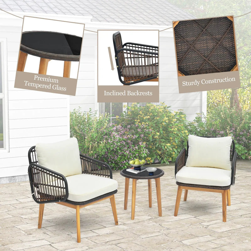 3 Pieces Patio Furniture Set with Cushioned Chairs and Tempered Glass Side Table by DirectDeals