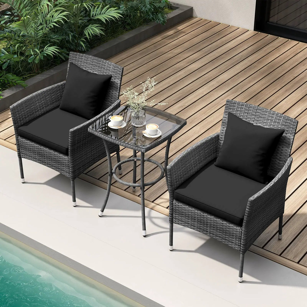 3 Pieces Patio Furniture Set with Cushioned Patio Chairs and Tempered Glass Coffee Table