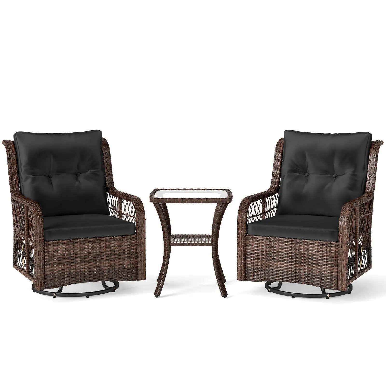 3 Pieces Patio Furniture Set PE Wicker Swivel Glider Chairs with 2-Tier Side Table and Cushions by DirectDeals