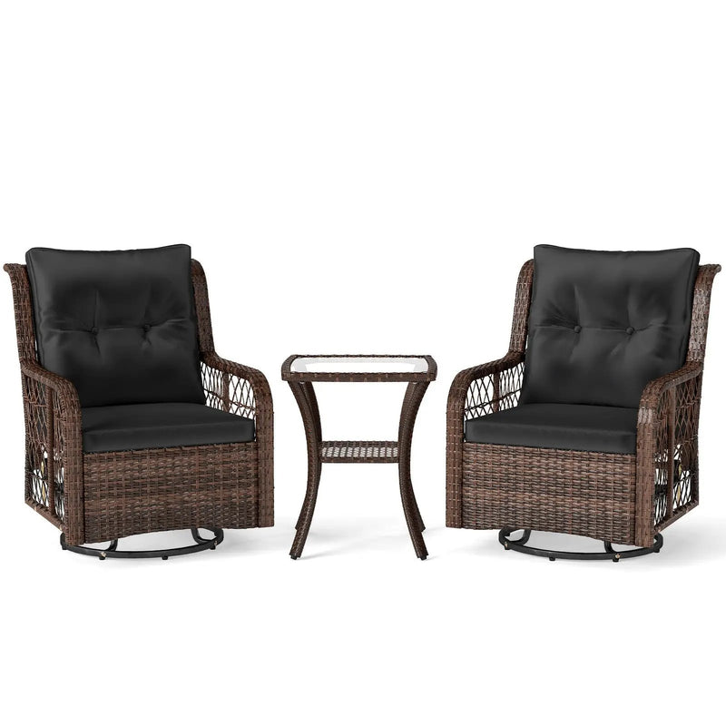 3 Pieces Patio Furniture Set PE Wicker Swivel Glider Chairs with 2-Tier Side Table and Cushions by DirectDeals