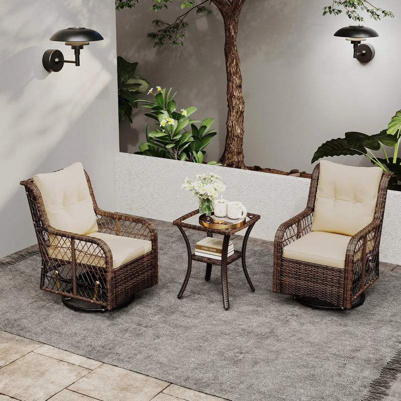 3 Pieces Patio Furniture Set PE Wicker Swivel Glider Chairs with 2-Tier Side Table and Cushions by DirectDeals