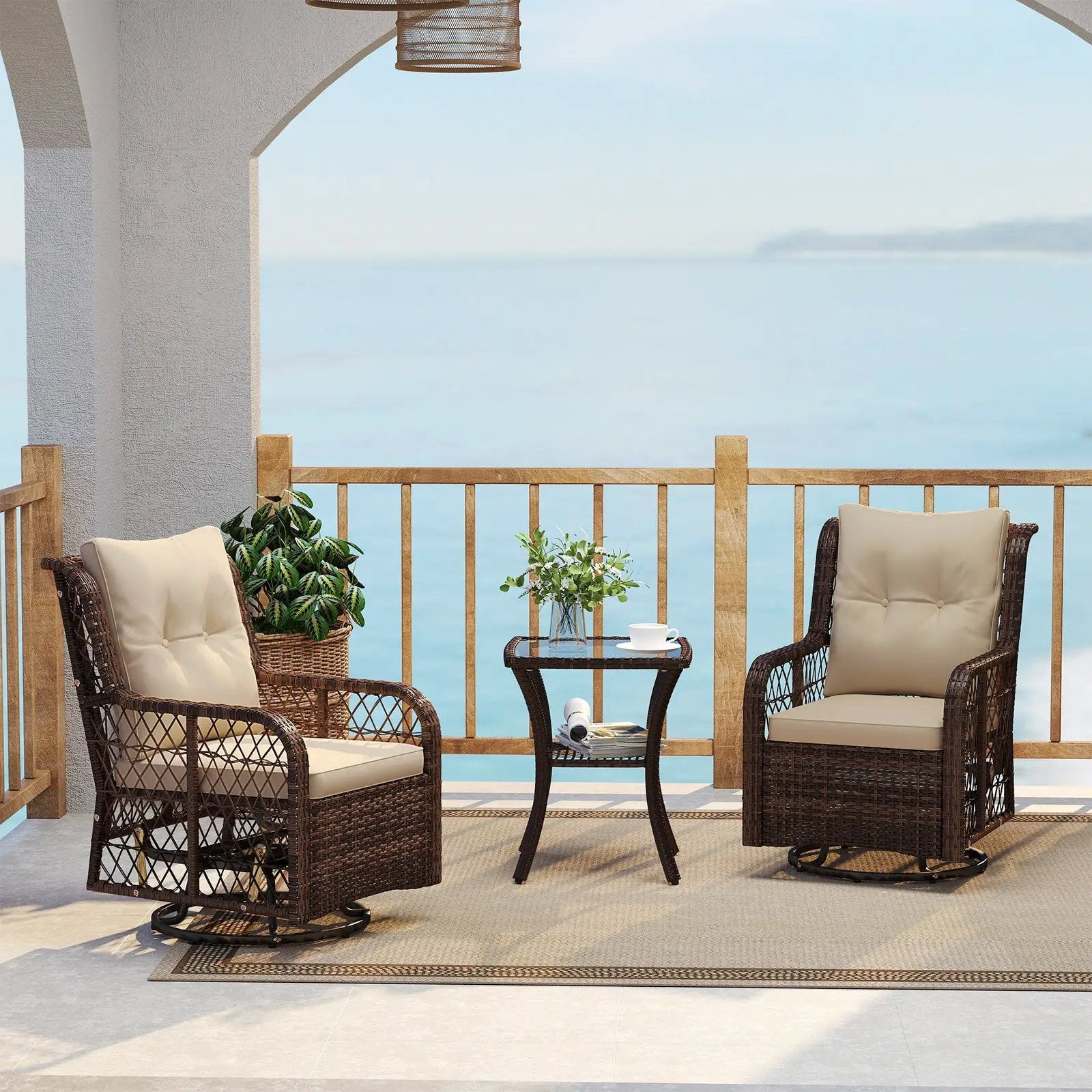3 Pieces Patio Furniture Set PE Wicker Swivel Glider Chairs with 2-Tier Side Table and Cushions by DirectDeals