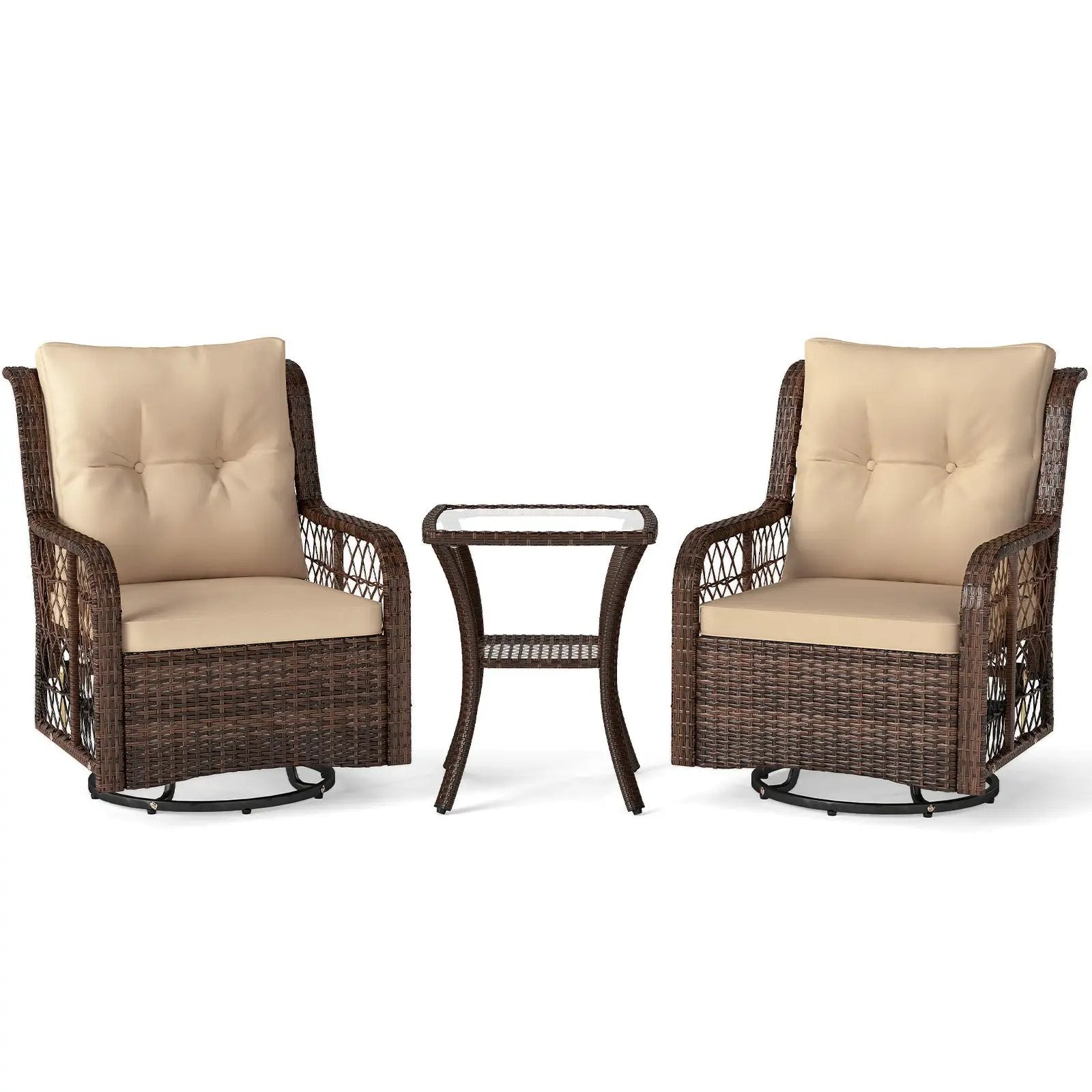 3 Pieces Patio Furniture Set PE Wicker Swivel Glider Chairs with 2-Tier Side Table and Cushions by DirectDeals
