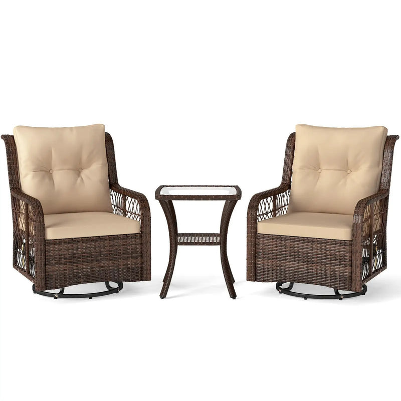 3 Pieces Patio Furniture Set PE Wicker Swivel Glider Chairs with 2-Tier Side Table and Cushions by DirectDeals