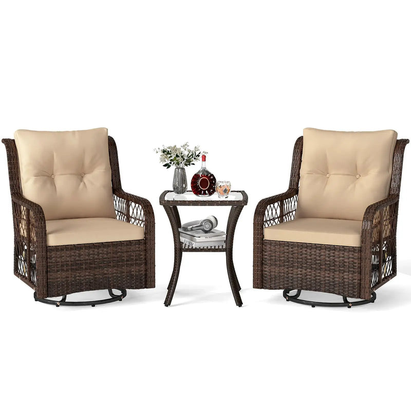 3 Pieces Patio Furniture Set PE Wicker Swivel Glider Chairs with 2-Tier Side Table and Cushions by DirectDeals