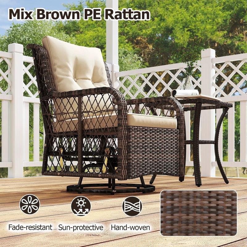 3 Pieces Patio Furniture Set PE Wicker Swivel Glider Chairs with 2-Tier Side Table and Cushions by DirectDeals