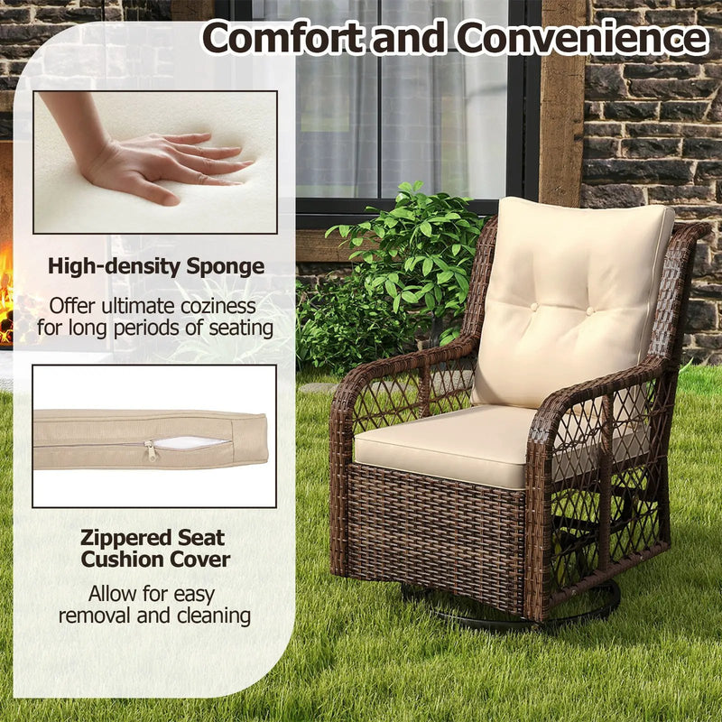 3 Pieces Patio Furniture Set PE Wicker Swivel Glider Chairs with 2-Tier Side Table and Cushions by DirectDeals