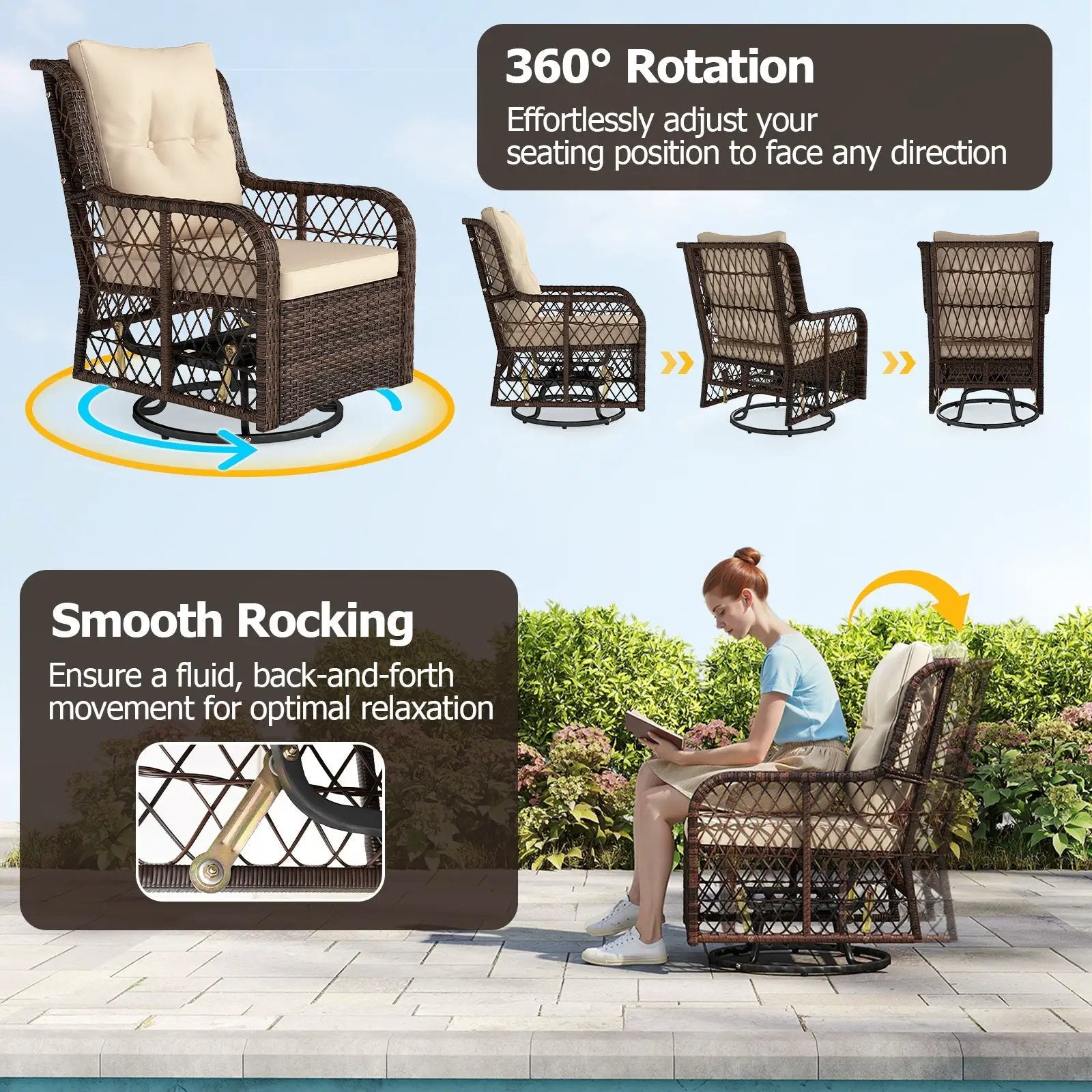 3 Pieces Patio Furniture Set PE Wicker Swivel Glider Chairs with 2-Tier Side Table and Cushions by DirectDeals