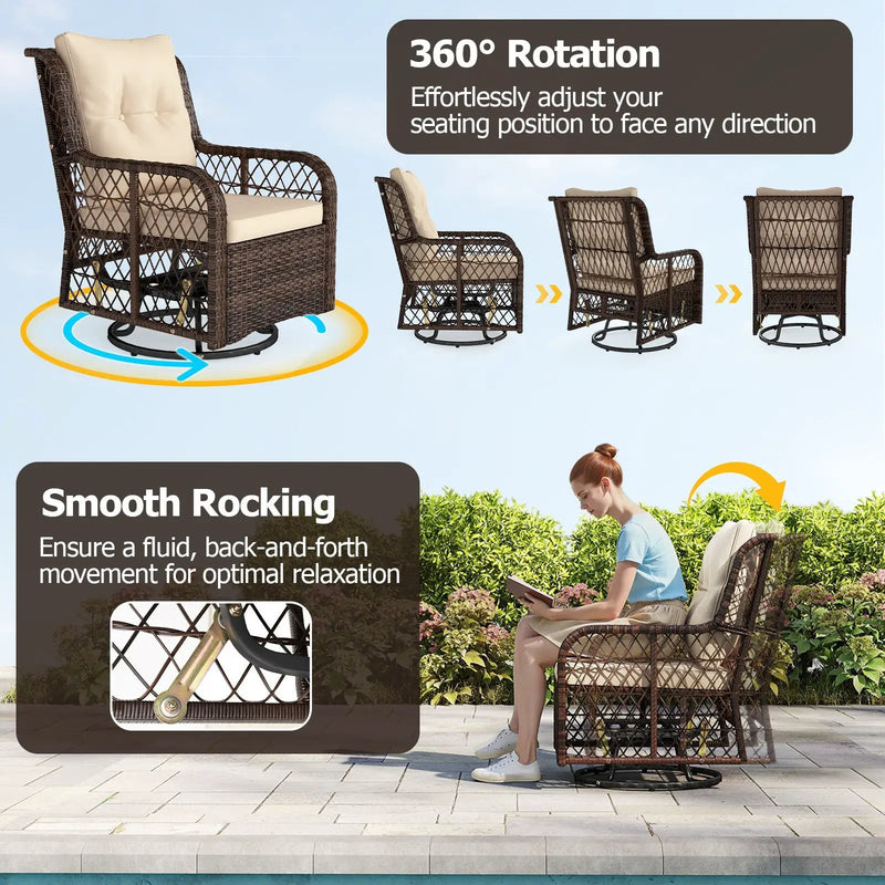 3 Pieces Patio Furniture Set PE Wicker Swivel Glider Chairs with 2-Tier Side Table and Cushions by DirectDeals