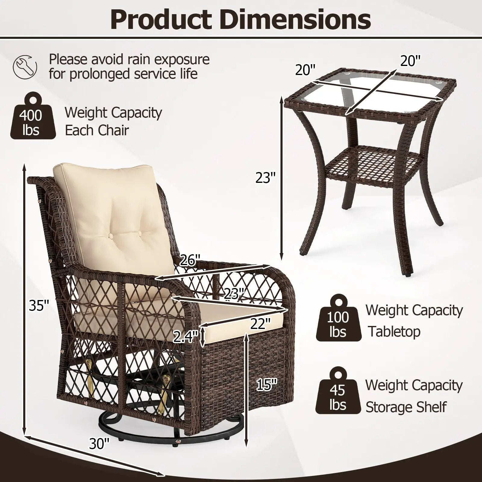 3 Pieces Patio Furniture Set PE Wicker Swivel Glider Chairs with 2-Tier Side Table and Cushions by DirectDeals