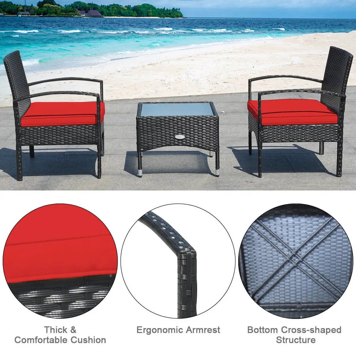3 Pieces Patio Wicker Rattan Furniture Set with Cushion for Lawn Backyard, detail 2
