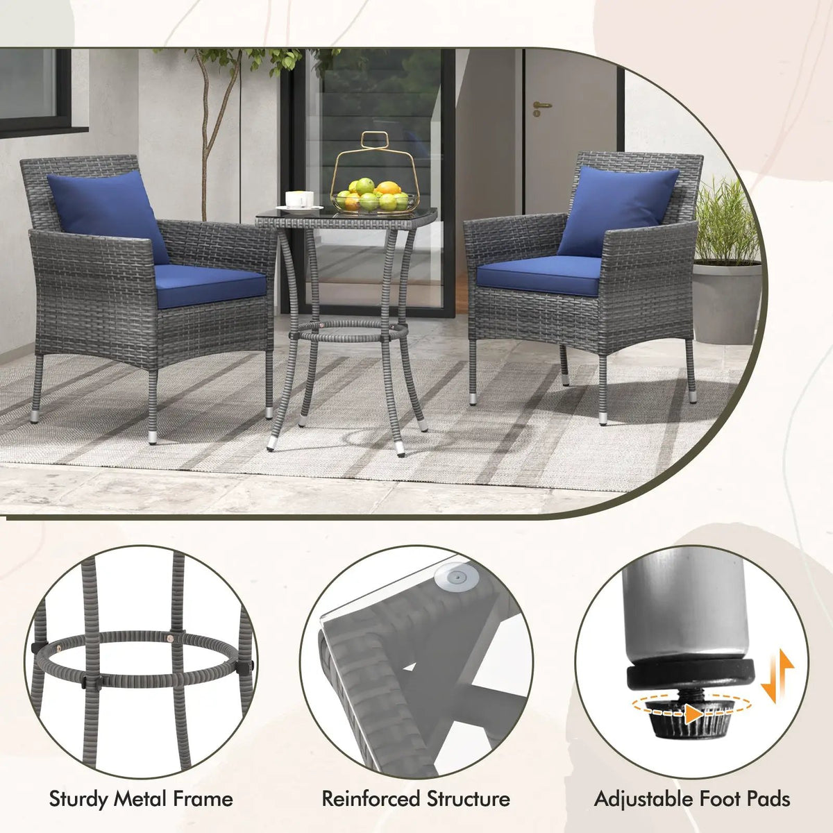 3 Pieces Patio Furniture Set with Cushioned Patio Chairs and Tempered Glass Coffee Table, photo 27 of 32