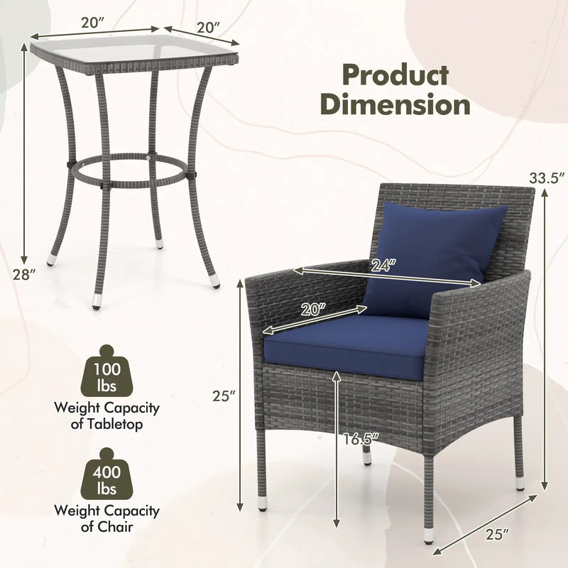 3 Pieces Patio Furniture Set with Cushioned Patio Chairs and Tempered Glass Coffee Table by DirectDeals