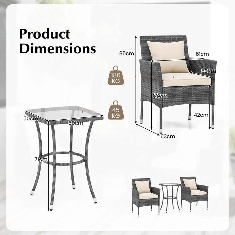 3 Pieces Patio Furniture Set with Cushioned Patio Chairs and Tempered Glass Coffee Table by DirectDeals