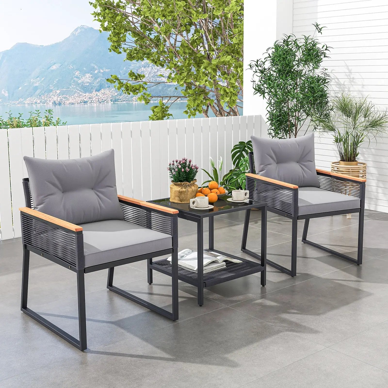 3 Pieces Patio Furniture Set with 2 Tier Coffee Table and Soft Seat Cushions-Gray by DirectDeals