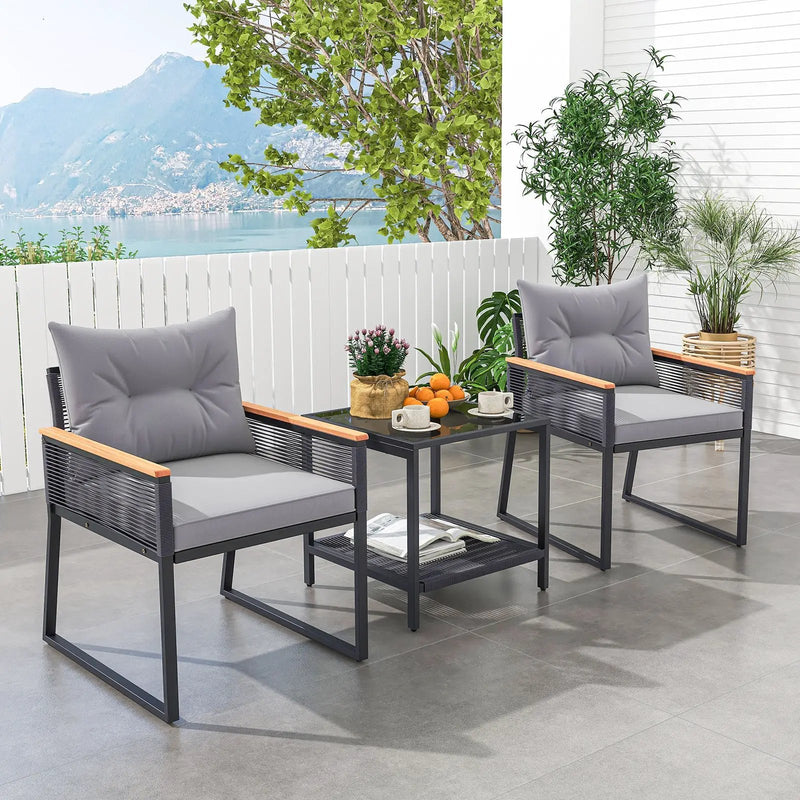 3 Pieces Patio Furniture Set with 2 Tier Coffee Table and Soft Seat Cushions-Gray by DirectDeals