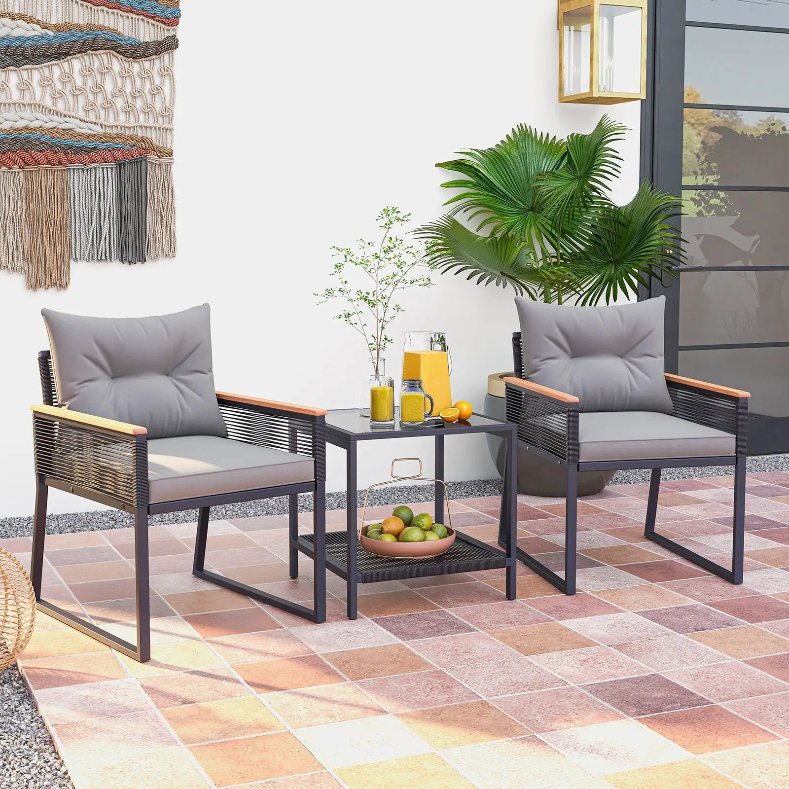 3 Pieces Patio Furniture Set with 2 Tier Coffee Table and Soft Seat Cushions-Gray by DirectDeals