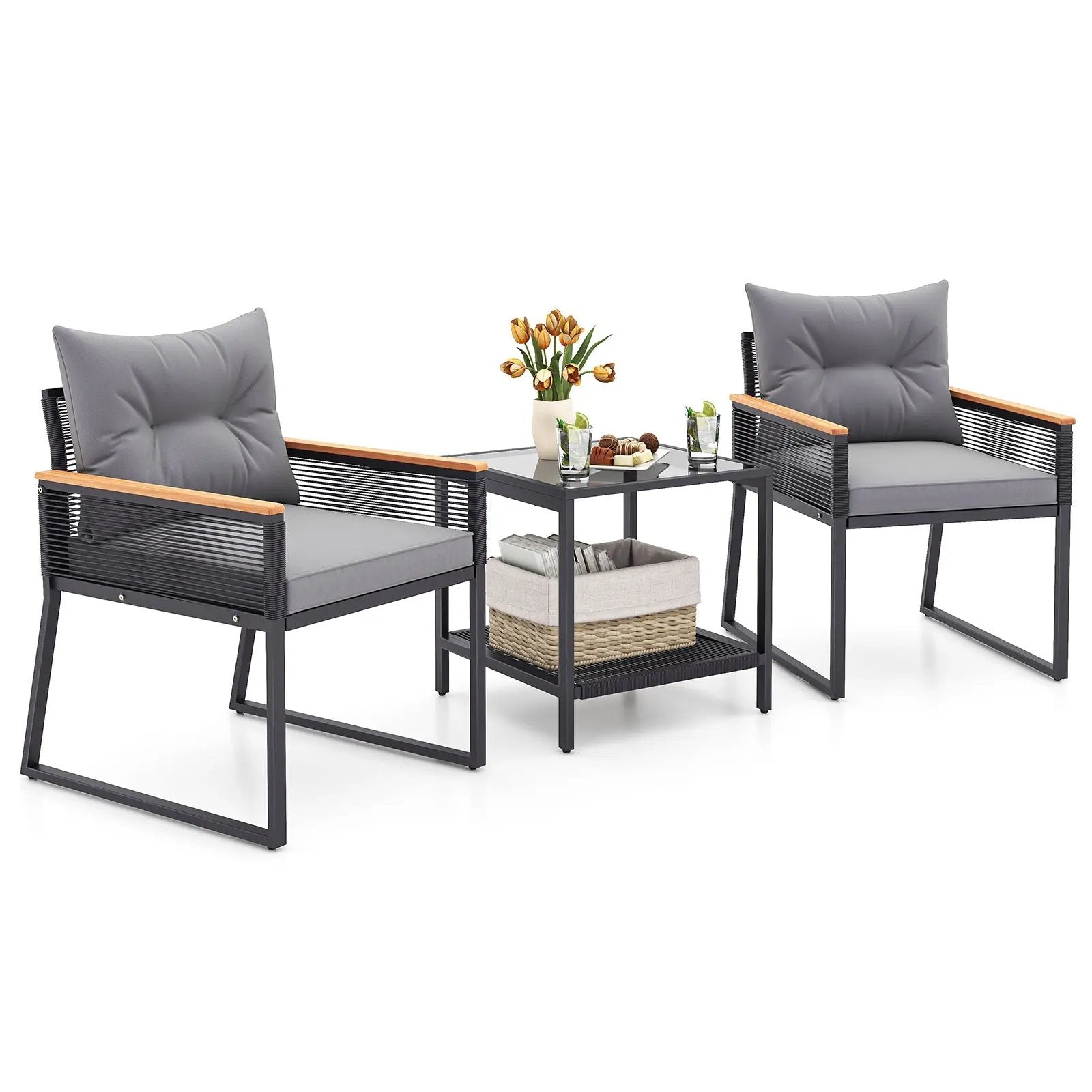 3 Pieces Patio Furniture Set with 2 Tier Coffee Table and Soft Seat Cushions-Gray by DirectDeals