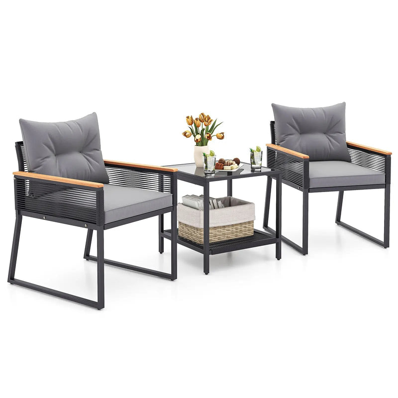 3 Pieces Patio Furniture Set with 2 Tier Coffee Table and Soft Seat Cushions-Gray by DirectDeals