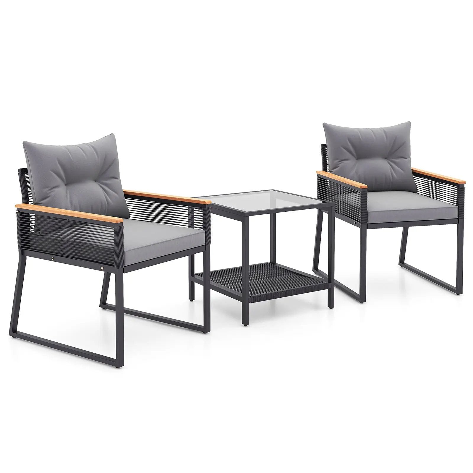 3 Pieces Patio Furniture Set with 2 Tier Coffee Table and Soft Seat Cushions-Gray by DirectDeals
