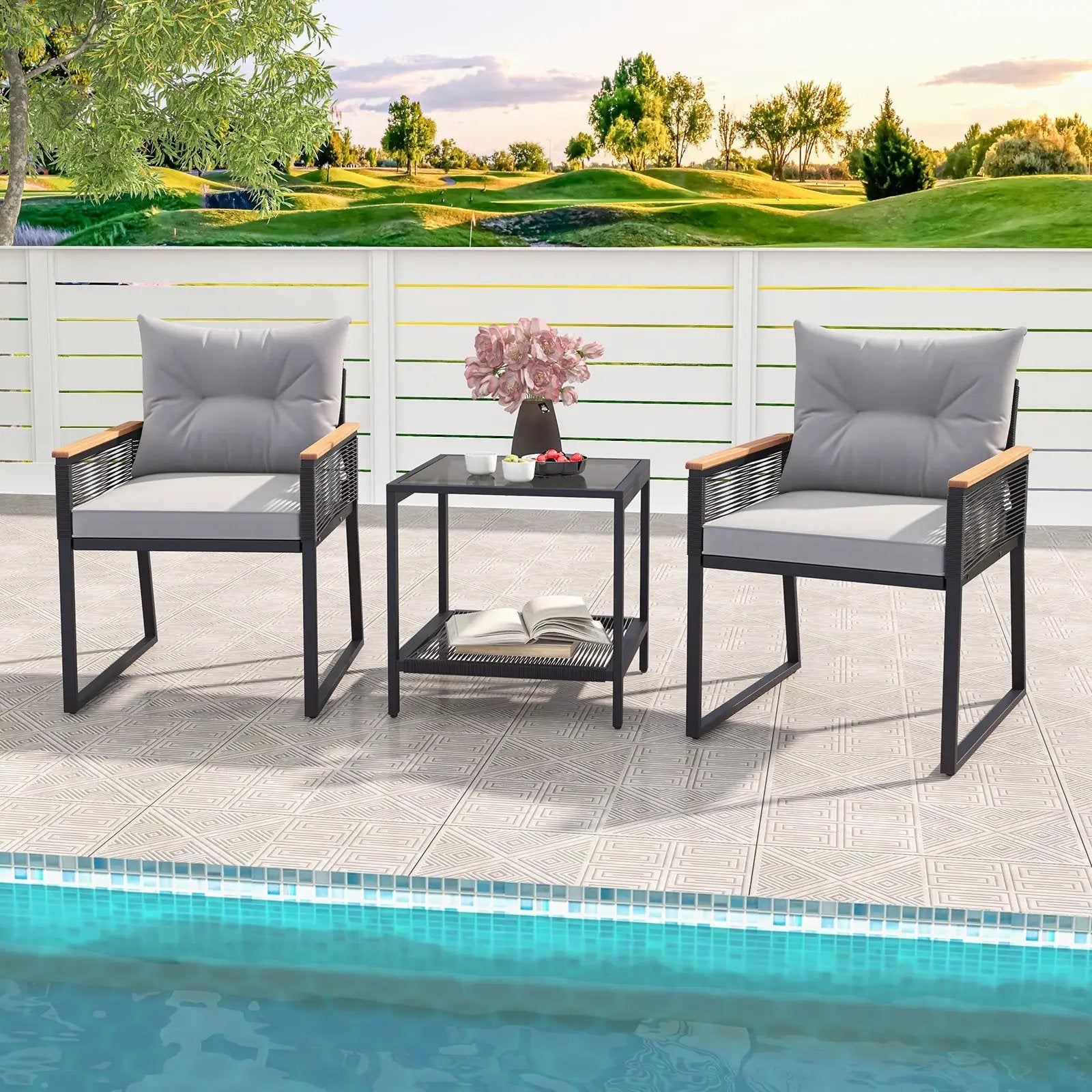 3 Pieces Patio Furniture Set with 2 Tier Coffee Table and Soft Seat Cushions-Gray by DirectDeals