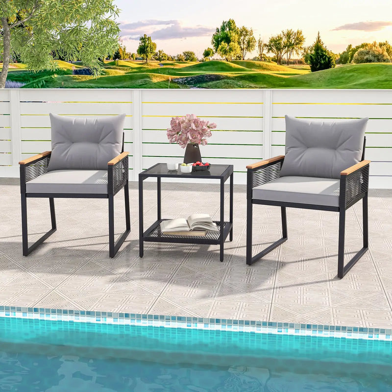 3 Pieces Patio Furniture Set with 2 Tier Coffee Table and Soft Seat Cushions-Gray by DirectDeals