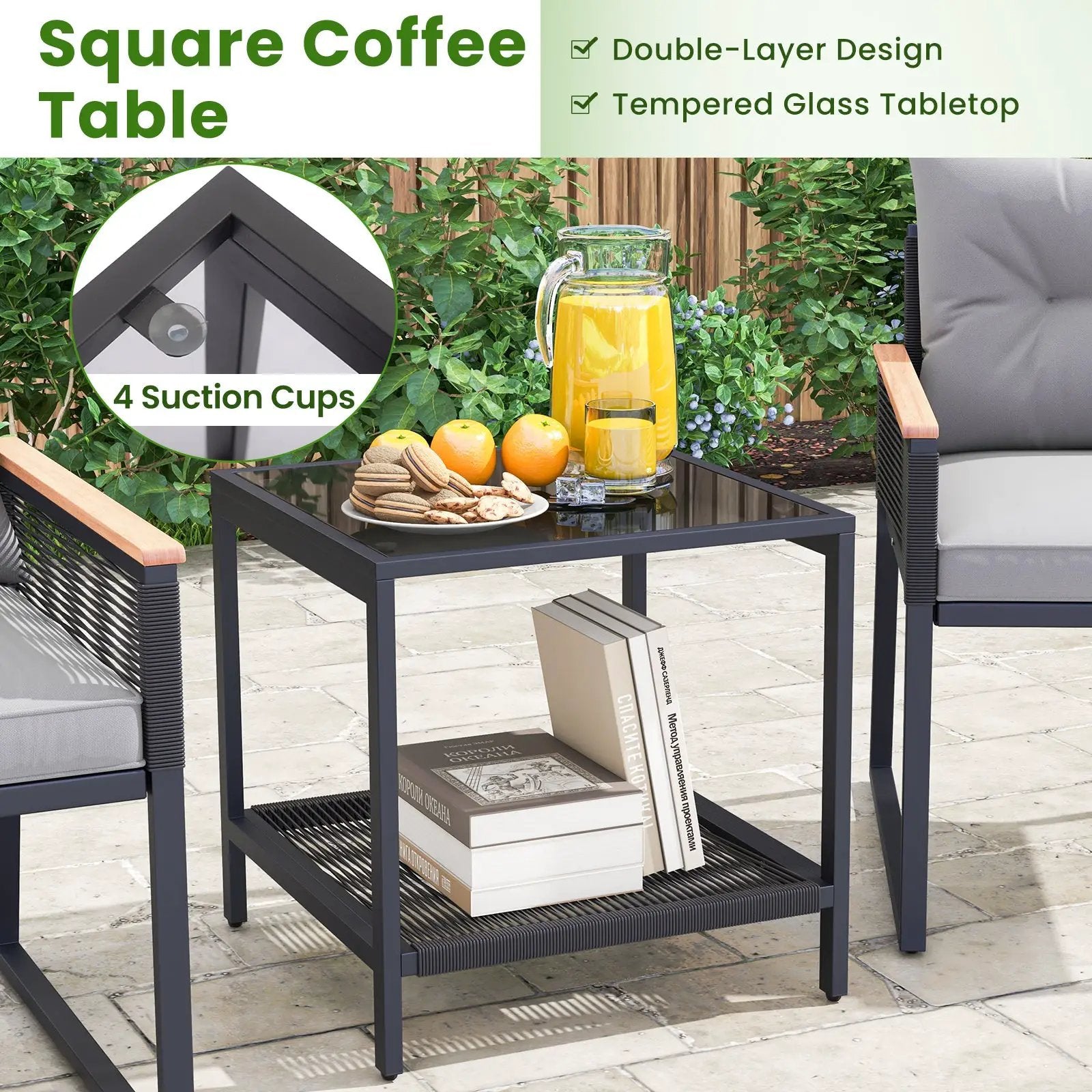 3 Pieces Patio Furniture Set with 2 Tier Coffee Table and Soft Seat Cushions-Gray by DirectDeals