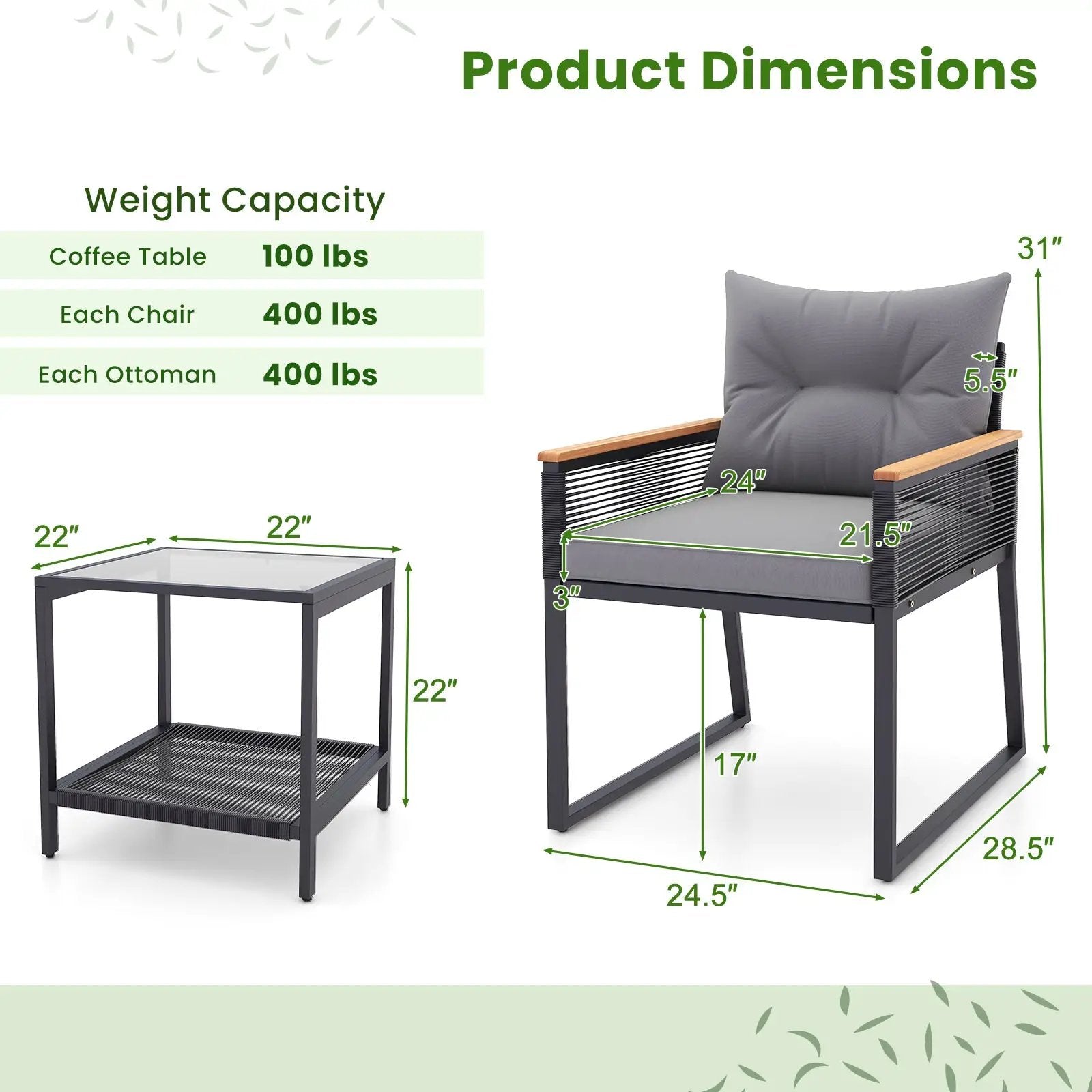 3 Pieces Patio Furniture Set with 2 Tier Coffee Table and Soft Seat Cushions-Gray by DirectDeals
