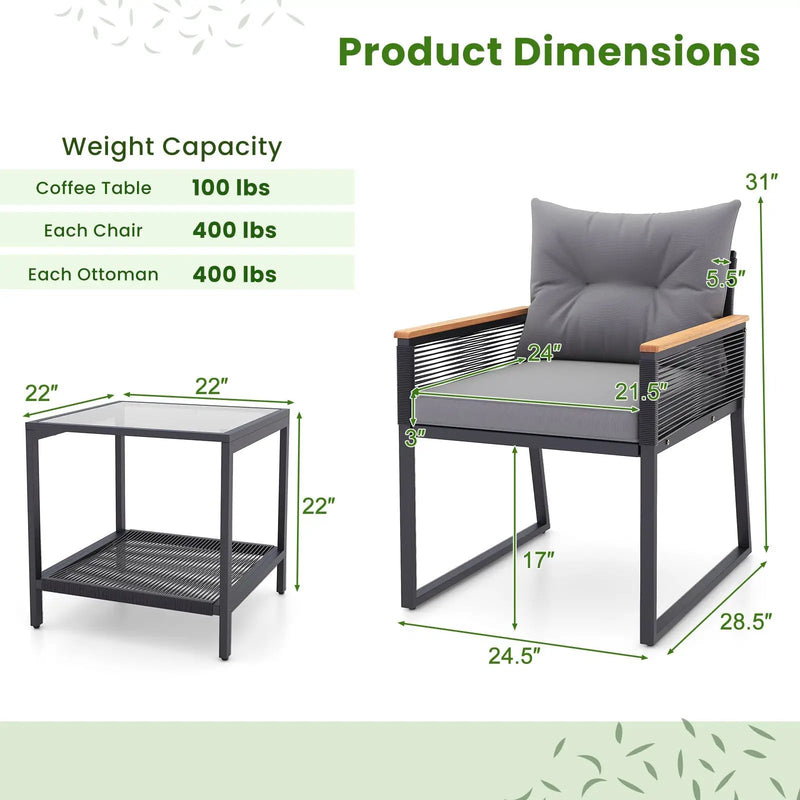 3 Pieces Patio Furniture Set with 2 Tier Coffee Table and Soft Seat Cushions-Gray by DirectDeals