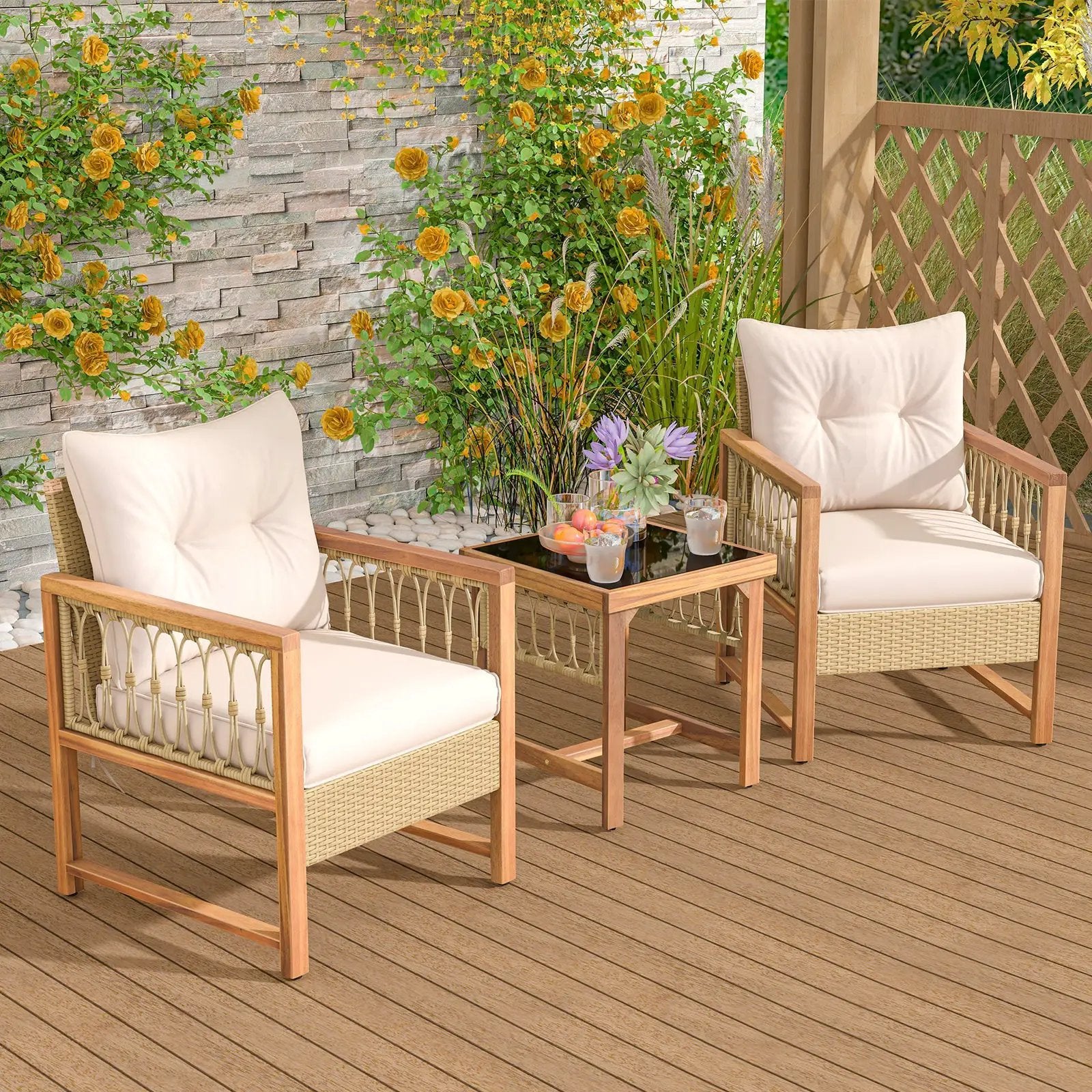 3 Pieces Patio Furniture Set with Acacia Wood Frame Cushions-Brown by DirectDeals