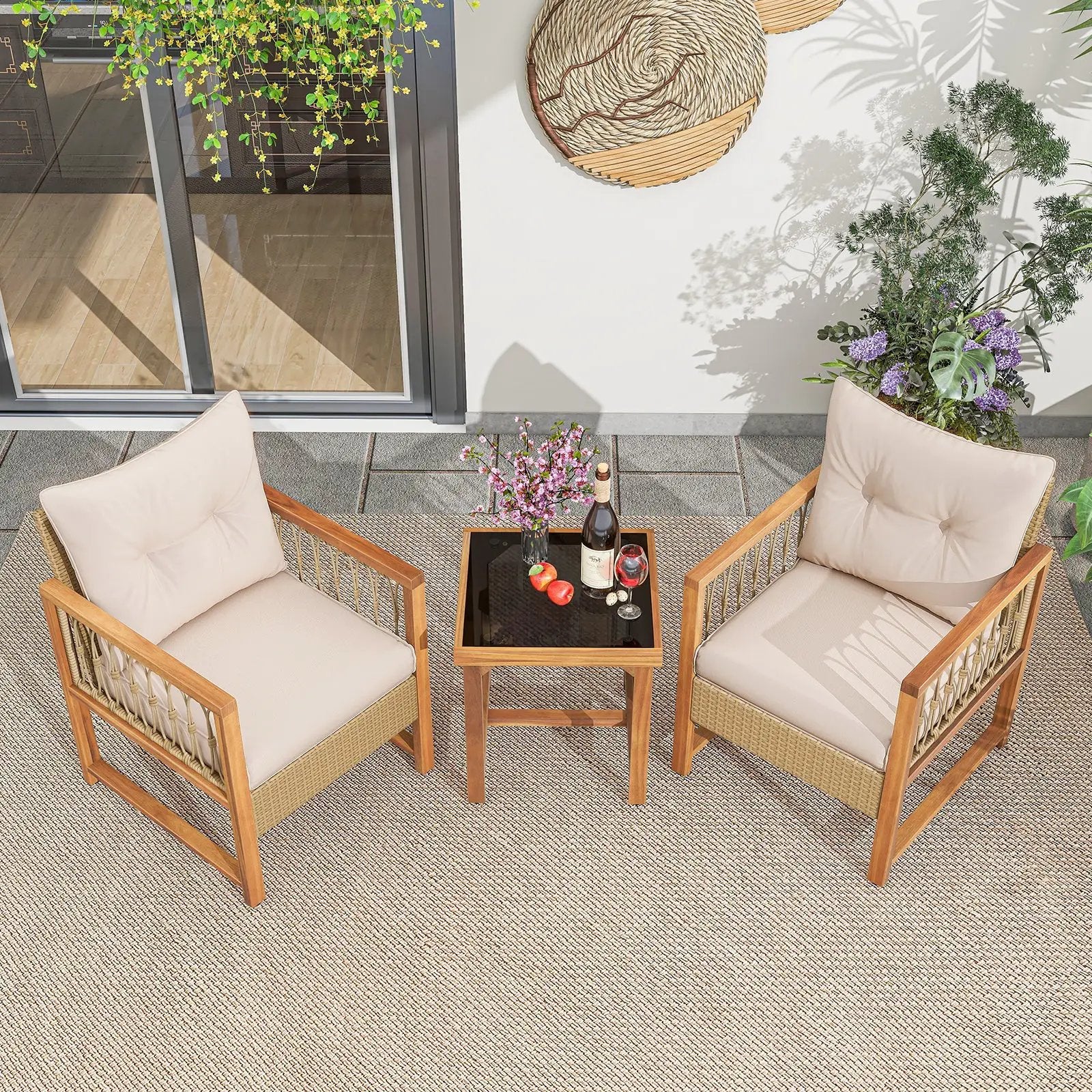 3 Pieces Patio Furniture Set with Acacia Wood Frame Cushions-Brown by DirectDeals