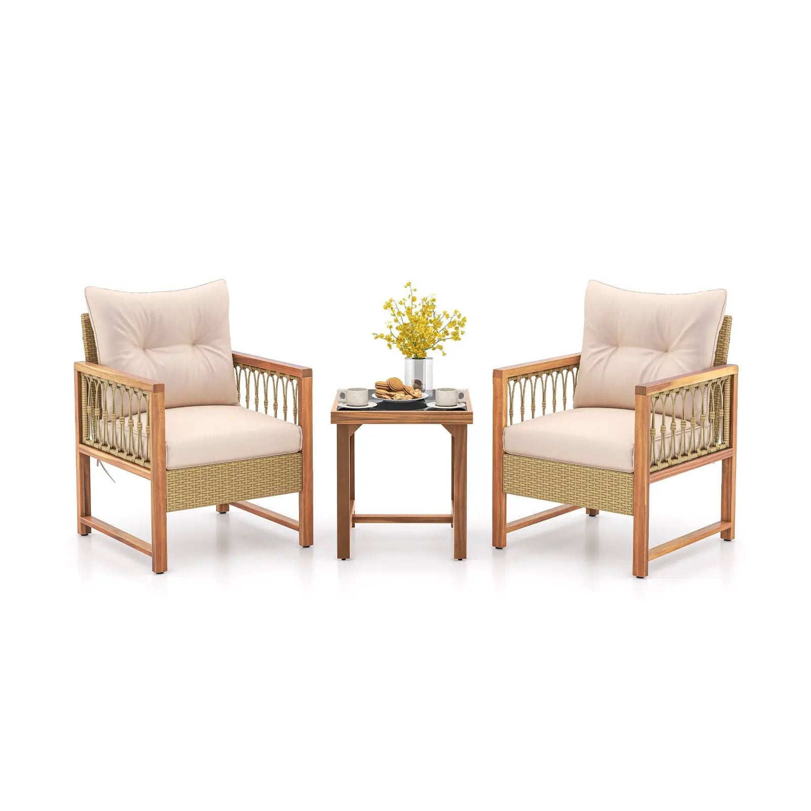 3 Pieces Patio Furniture Set with Acacia Wood Frame Cushions-Brown by DirectDeals