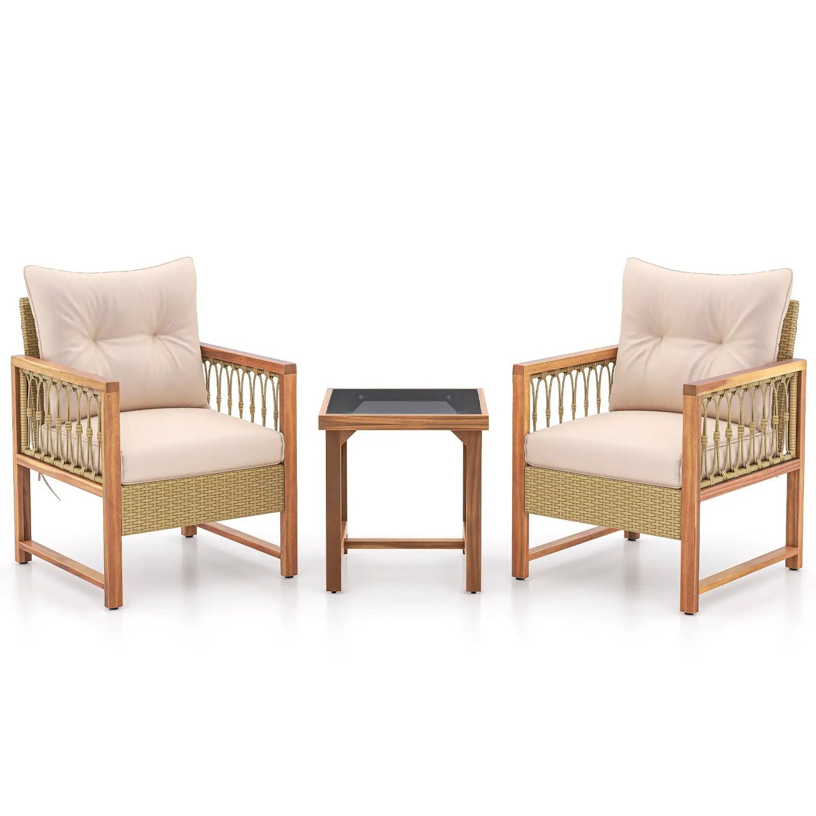 3 Pieces Patio Furniture Set with Acacia Wood Frame Cushions-Brown by DirectDeals