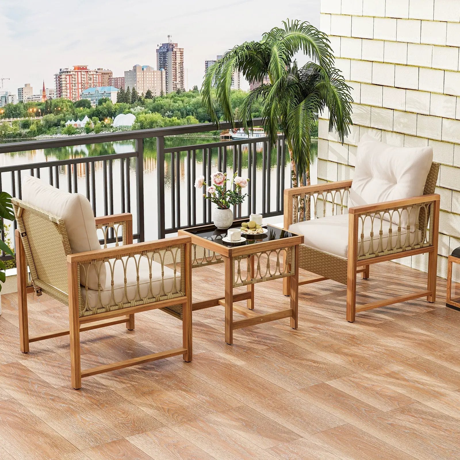 3 Pieces Patio Furniture Set with Acacia Wood Frame Cushions-Brown by DirectDeals