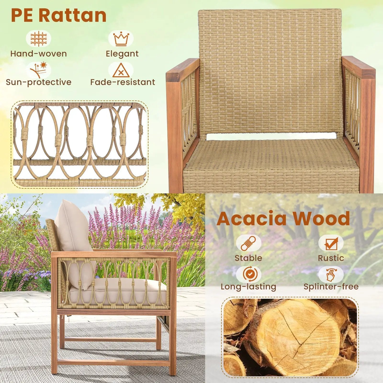 3 Pieces Patio Furniture Set with Acacia Wood Frame Cushions-Brown by DirectDeals