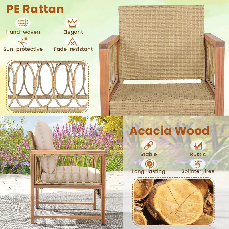3 Pieces Patio Furniture Set with Acacia Wood Frame Cushions-Brown by DirectDeals