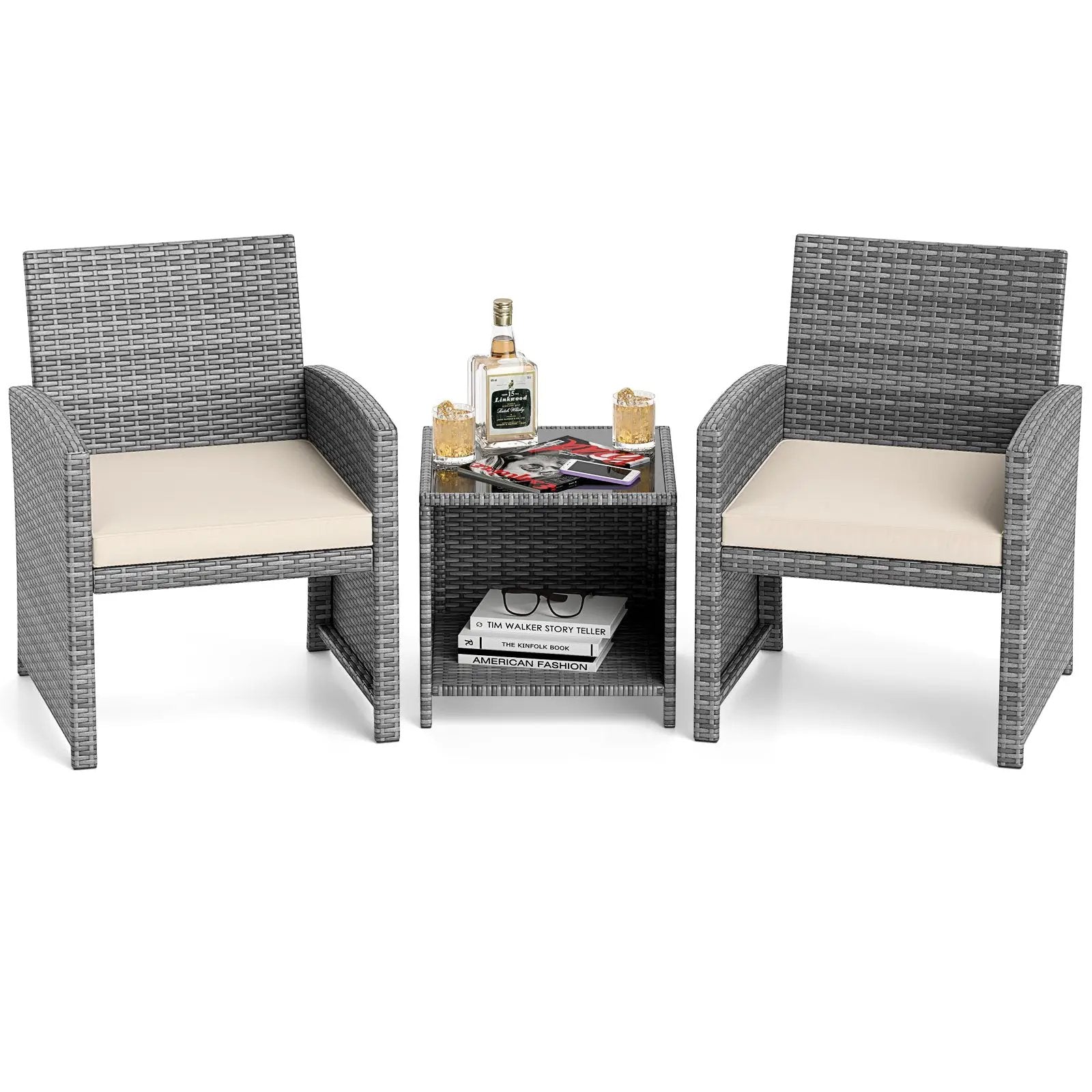 3 Pieces Patio Furniture Set with Tempered Glass Coffee Table and Soft Seat Cushions by DirectDeals