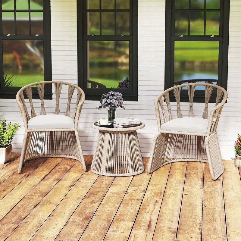 3 Pieces Patio Leisure Chair Set with Rope-Woven Armchairs and Seat Cushions-Off White by DirectDeals