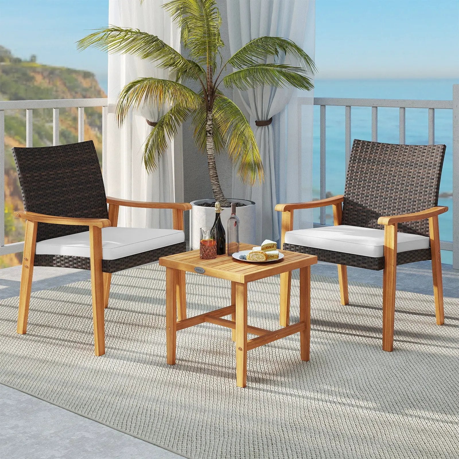 3 Pieces Patio PE Wicker Furniture Set Acacia Wood Outdoor Conversation Bistro Set-White by DirectDeals
